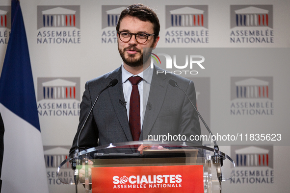 Arthur Delaporte, deputy of Socialistes et Apparentes, speaks during the press conference of the Socialistes et Apparentes group in the pres...