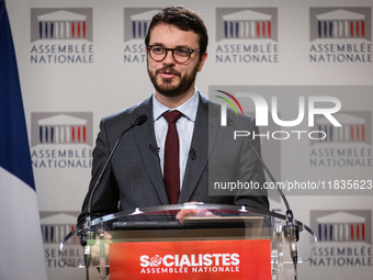 Arthur Delaporte, deputy of Socialistes et Apparentes, speaks during the press conference of the Socialistes et Apparentes group in the pres...