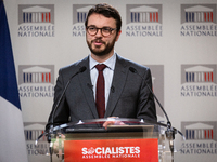 Arthur Delaporte, deputy of Socialistes et Apparentes, speaks during the press conference of the Socialistes et Apparentes group in the pres...