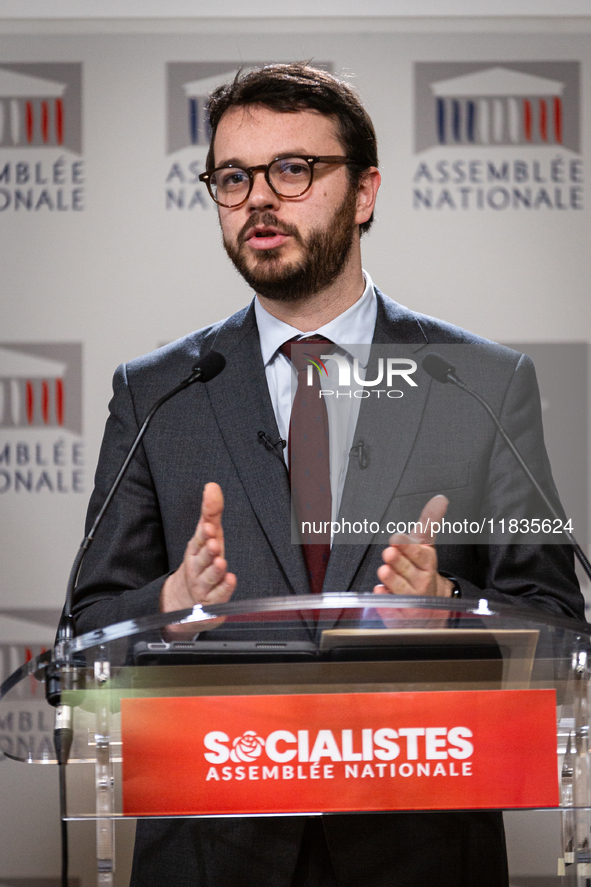 Arthur Delaporte, deputy of Socialistes et Apparentes, speaks during the press conference of the Socialistes et Apparentes group in the pres...