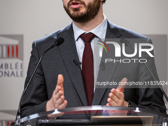 Arthur Delaporte, deputy of Socialistes et Apparentes, speaks during the press conference of the Socialistes et Apparentes group in the pres...