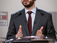 Arthur Delaporte, deputy of Socialistes et Apparentes, speaks during the press conference of the Socialistes et Apparentes group in the pres...