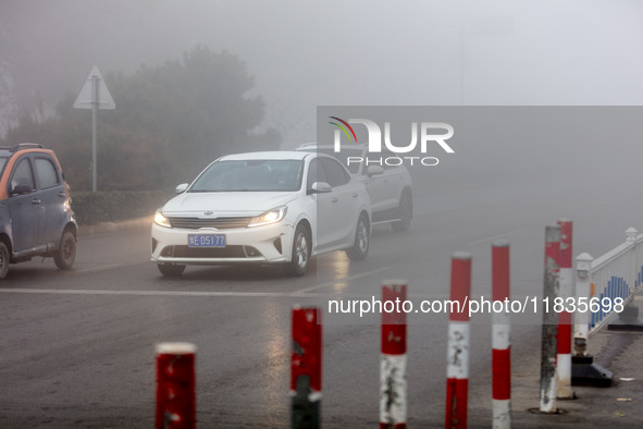 Cars travel in heavy fog with visibility of less than 100 meters on a street in Hua County, Anyang, China, on December 5, 2024. 