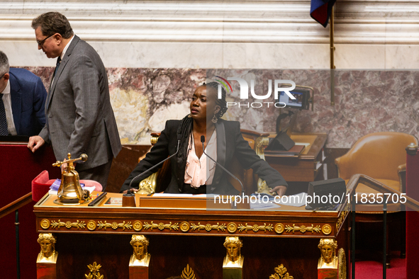 Nadege Abomangoli, deputy of La France Insoumise, presides over the session for the examination of the report of the 2024 end-of-year financ...