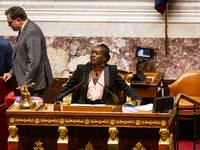 Nadege Abomangoli, deputy of La France Insoumise, presides over the session for the examination of the report of the 2024 end-of-year financ...