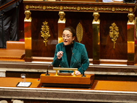 Mathilde Feld, deputy of the La France Insoumise group, speaks during the session examining the report of the 2024 end-of-year finance bill...