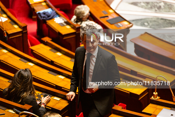 Gerald Darmanin, deputy of the Ensemble pour la Republique group, is seen during the session of examination of the report of the 2024 end-of...