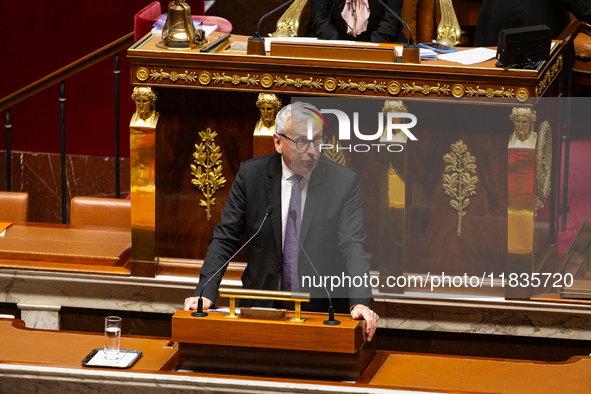 Jean-Rene Cazeneuve, deputy of the Ensemble pour la Republique group, speaks during the session of examination of the report of the 2024 end...