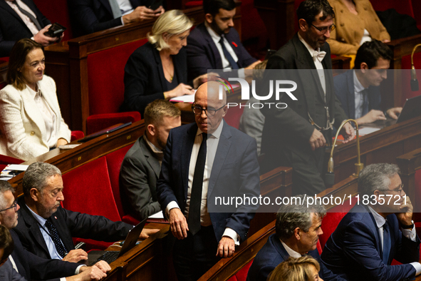 Eric Ciotti, President of the UDR group, is seen during the session examining the report of the 2024 end-of-year finance bill at the Nationa...