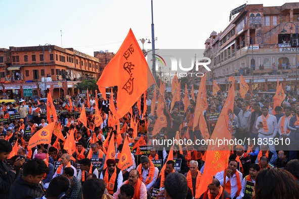 Members of the 'Sarv Hindu Samaj' protest against the arrest of Hindu monk Chinmoy Krishna Das in Bangladesh and the alleged atrocities on H...