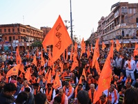 Members of the 'Sarv Hindu Samaj' protest against the arrest of Hindu monk Chinmoy Krishna Das in Bangladesh and the alleged atrocities on H...