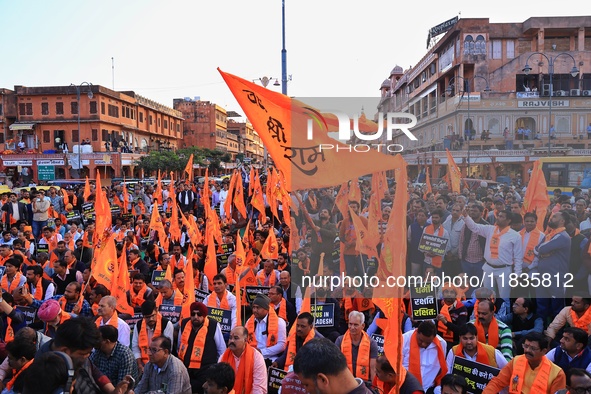 Members of the 'Sarv Hindu Samaj' protest against the arrest of Hindu monk Chinmoy Krishna Das in Bangladesh and the alleged atrocities on H...