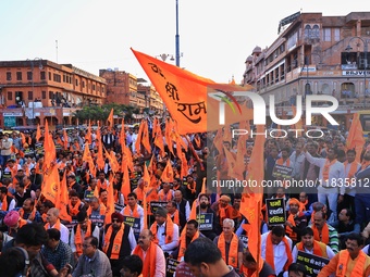 Members of the 'Sarv Hindu Samaj' protest against the arrest of Hindu monk Chinmoy Krishna Das in Bangladesh and the alleged atrocities on H...