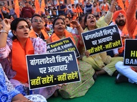 Members of the 'Sarv Hindu Samaj' protest against the arrest of Hindu monk Chinmoy Krishna Das in Bangladesh and the alleged atrocities on H...