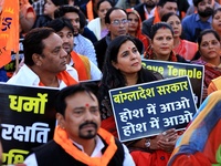 Members of the 'Sarv Hindu Samaj' protest against the arrest of Hindu monk Chinmoy Krishna Das in Bangladesh and the alleged atrocities on H...