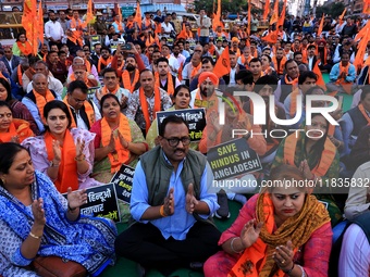 Members of the 'Sarv Hindu Samaj' protest against the arrest of Hindu monk Chinmoy Krishna Das in Bangladesh and the alleged atrocities on H...