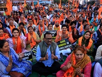 Members of the 'Sarv Hindu Samaj' protest against the arrest of Hindu monk Chinmoy Krishna Das in Bangladesh and the alleged atrocities on H...