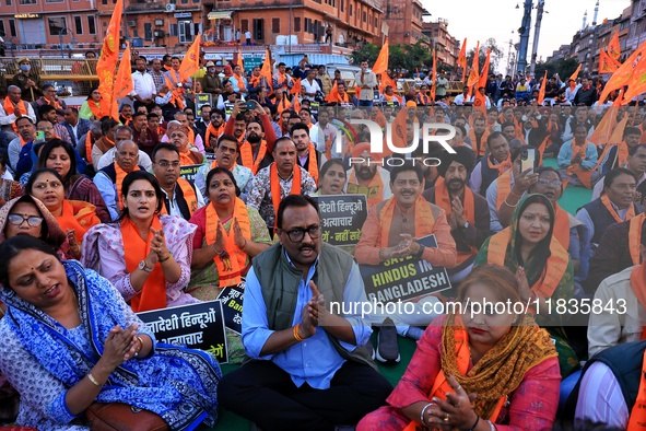 Members of the 'Sarv Hindu Samaj' protest against the arrest of Hindu monk Chinmoy Krishna Das in Bangladesh and the alleged atrocities on H...