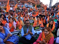 Members of the 'Sarv Hindu Samaj' protest against the arrest of Hindu monk Chinmoy Krishna Das in Bangladesh and the alleged atrocities on H...