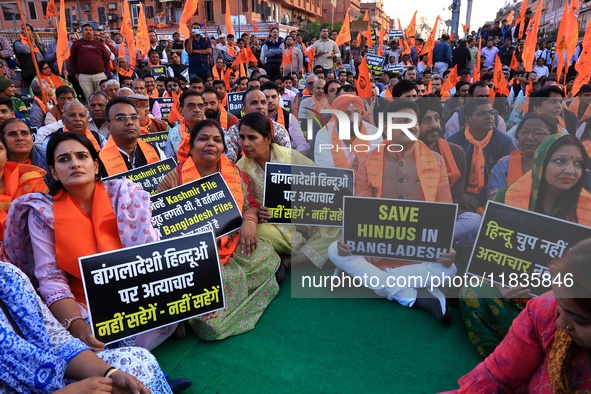 Members of the 'Sarv Hindu Samaj' protest against the arrest of Hindu monk Chinmoy Krishna Das in Bangladesh and the alleged atrocities on H...