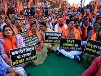 Members of the 'Sarv Hindu Samaj' protest against the arrest of Hindu monk Chinmoy Krishna Das in Bangladesh and the alleged atrocities on H...