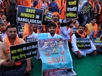 Members of the 'Sarv Hindu Samaj' protest against the arrest of Hindu monk Chinmoy Krishna Das in Bangladesh and the alleged atrocities on H...