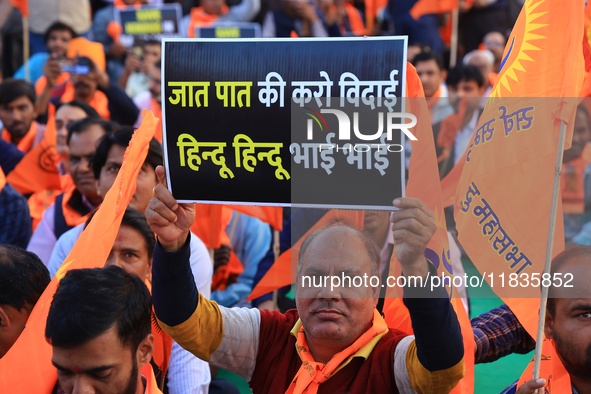 Members of the 'Sarv Hindu Samaj' protest against the arrest of Hindu monk Chinmoy Krishna Das in Bangladesh and the alleged atrocities on H...