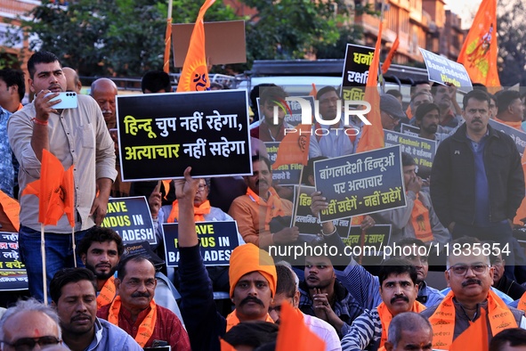 Members of the 'Sarv Hindu Samaj' protest against the arrest of Hindu monk Chinmoy Krishna Das in Bangladesh and the alleged atrocities on H...