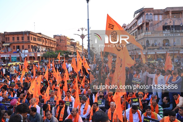 Members of the 'Sarv Hindu Samaj' protest against the arrest of Hindu monk Chinmoy Krishna Das in Bangladesh and the alleged atrocities on H...