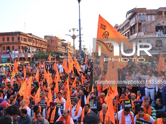 Members of the 'Sarv Hindu Samaj' protest against the arrest of Hindu monk Chinmoy Krishna Das in Bangladesh and the alleged atrocities on H...