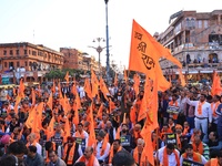 Members of the 'Sarv Hindu Samaj' protest against the arrest of Hindu monk Chinmoy Krishna Das in Bangladesh and the alleged atrocities on H...