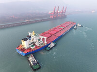 A Singapore-registered ship carrying 400,000 tons of iron ore is unloaded at a berth in Lianyungang port in Jiangsu province, China, on Dece...