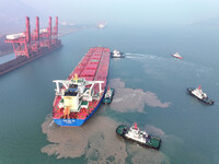 A Singapore-registered ship carrying 400,000 tons of iron ore is unloaded at a berth in Lianyungang port in Jiangsu province, China, on Dece...