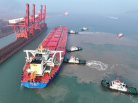 A Singapore-registered ship carrying 400,000 tons of iron ore is unloaded at a berth in Lianyungang port in Jiangsu province, China, on Dece...