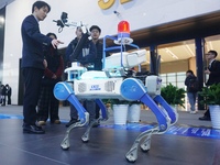 Visitors look at a four-legged intelligent robot (robot dog) that can perform patrols on a highway at the Zhejiang International Intelligent...