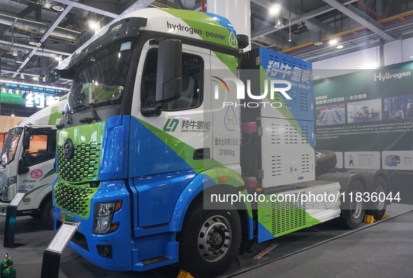 A heavy-duty truck powered by hydrogen energy is shown at the Zhejiang International Intelligent Transportation Industry Expo in Hangzhou, C...