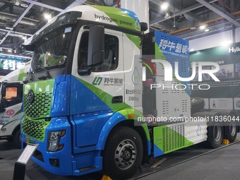 A heavy-duty truck powered by hydrogen energy is shown at the Zhejiang International Intelligent Transportation Industry Expo in Hangzhou, C...