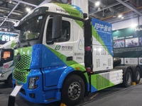 A heavy-duty truck powered by hydrogen energy is shown at the Zhejiang International Intelligent Transportation Industry Expo in Hangzhou, C...