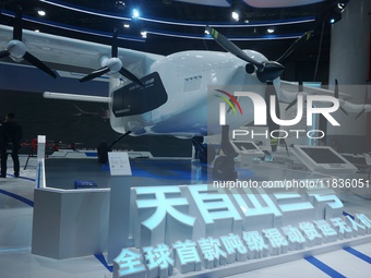 Visitors watch the world's first ton super hybrid cargo drone ''Tianmushan III'' at the Zhejiang International Intelligent Transportation In...