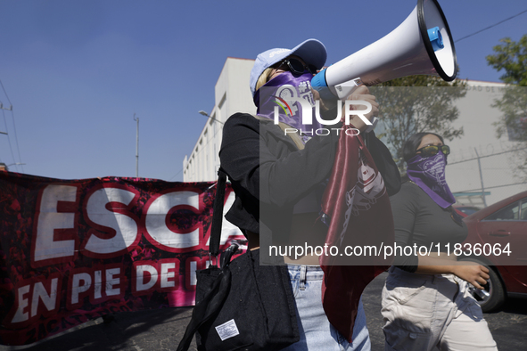 Feminist collectives outside the Reclusorio Oriente in Mexico City, Mexico, on December 4, 2024, accompany victims of sexual and digital vio...