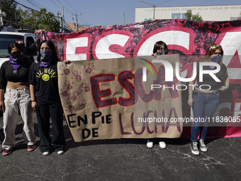 Feminist collectives outside the Reclusorio Oriente in Mexico City, Mexico, on December 4, 2024, accompany victims of sexual and digital vio...