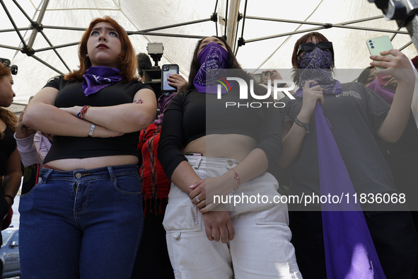 Feminist collectives outside the Reclusorio Oriente in Mexico City, Mexico, on December 4, 2024, accompany victims of sexual and digital vio...