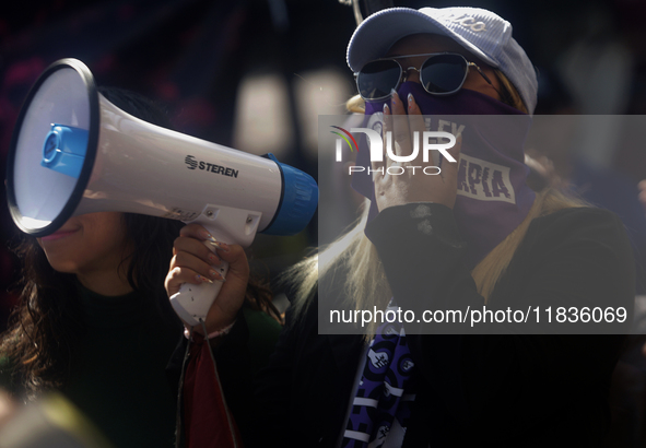 Feminist collectives outside the Reclusorio Oriente in Mexico City, Mexico, on December 4, 2024, accompany victims of sexual and digital vio...