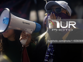 Feminist collectives outside the Reclusorio Oriente in Mexico City, Mexico, on December 4, 2024, accompany victims of sexual and digital vio...