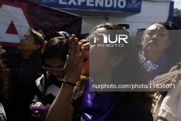 Feminist collectives outside the Reclusorio Oriente in Mexico City, Mexico, on December 4, 2024, accompany victims of sexual and digital vio...