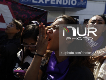 Feminist collectives outside the Reclusorio Oriente in Mexico City, Mexico, on December 4, 2024, accompany victims of sexual and digital vio...