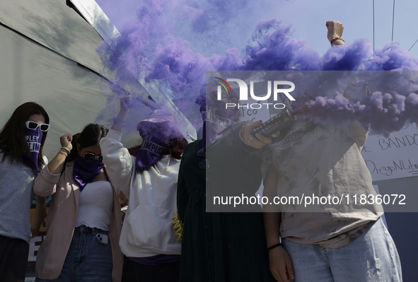 Victims of sexual and digital violence with artificial intelligence demonstrate outside the Reclusorio Oriente in Mexico City, Mexico, on De...