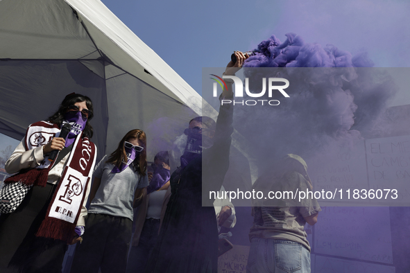 Victims of sexual and digital violence with artificial intelligence demonstrate outside the Reclusorio Oriente in Mexico City, Mexico, on De...