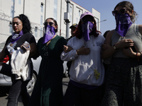 Victims of sexual and digital violence with artificial intelligence demonstrate outside the Reclusorio Oriente in Mexico City, Mexico, on De...