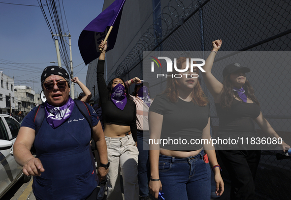 Feminist collectives outside the Reclusorio Oriente in Mexico City, Mexico, on December 4, 2024, accompany victims of sexual and digital vio...